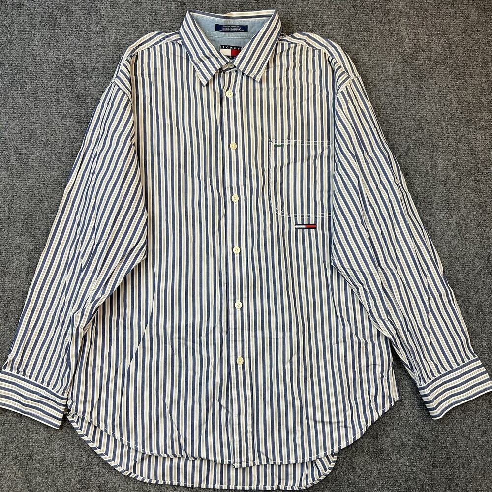 Tommy Jeans Men's Large Blue Striped Cotton Long Sleeve Button Front Shirt